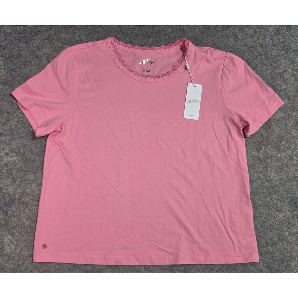 Lilly Pulitzer Clairmont Crochet Trim Top Rousseau Pink Cotton Shirt Large NWT